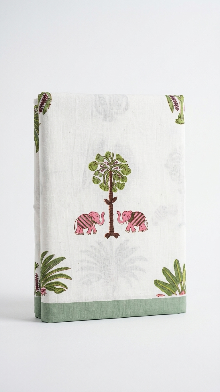 Ivory Block Print Cotton Saree with Elephant & Floral Motifs | Hand Block Printed | Green Border