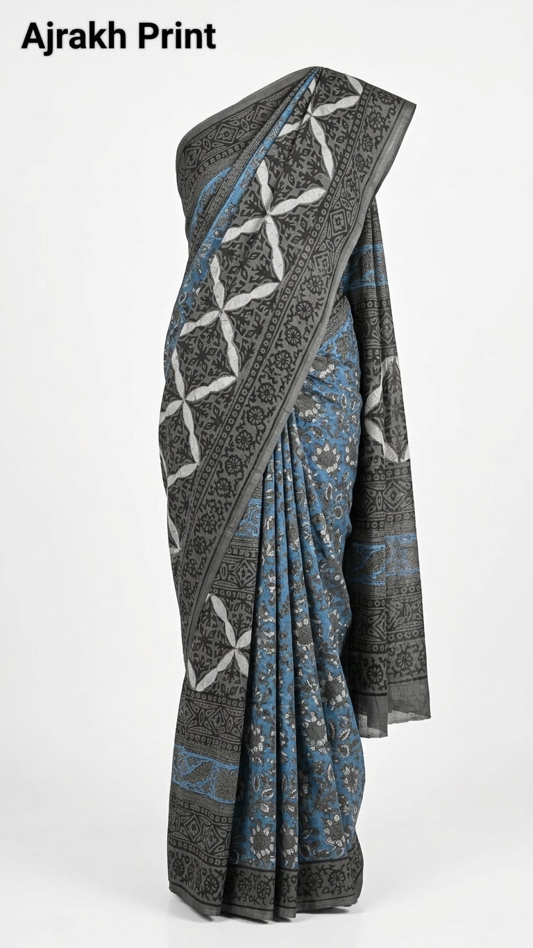 Steel Blue Floral Print Mul Cotton Saree