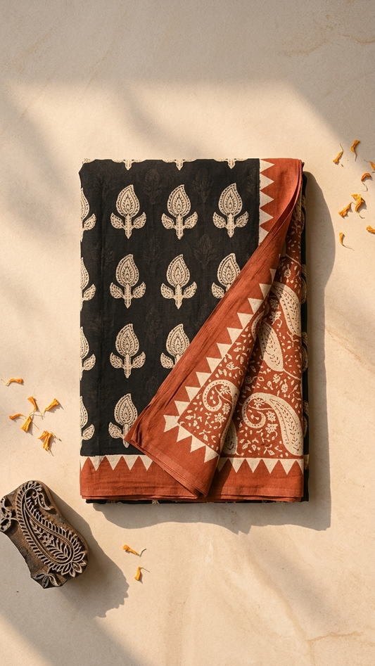 Black Hand Block Printed Cotton Saree with Rust Border