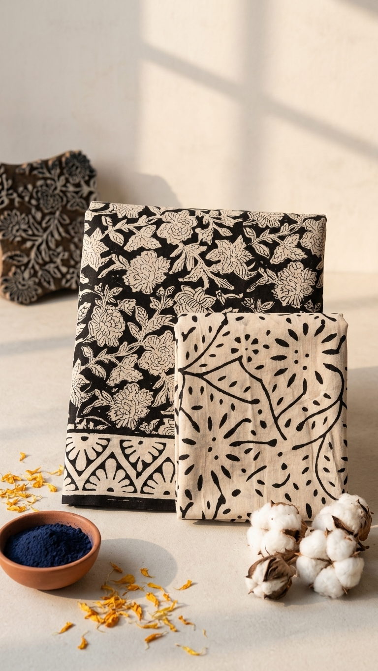 Black Floral Handblock Printed Cotton Saree with Ivory Border