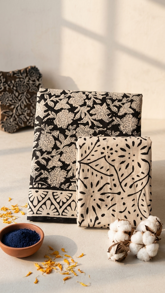 Black Floral Handblock Printed Cotton Saree with Ivory Border