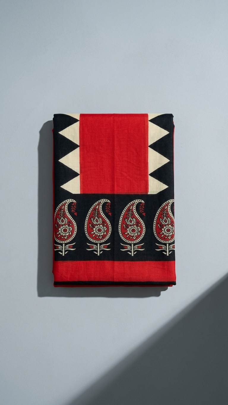 Hand Block Print Cotton Saree in Red & Black – Bold Zigzag Border with Paisley Pallu