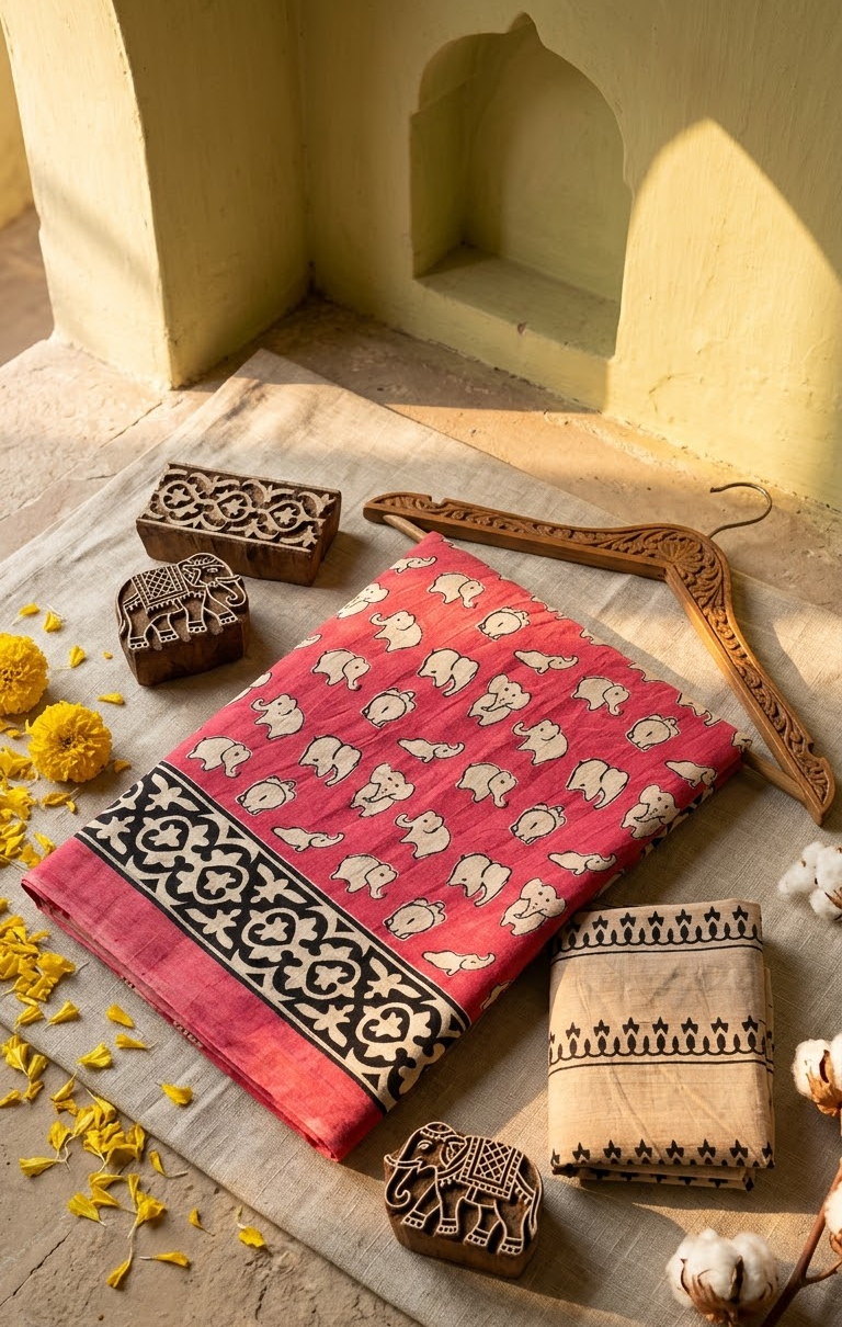 Pink Elephant Print Cotton Saree with Black Contrast Border