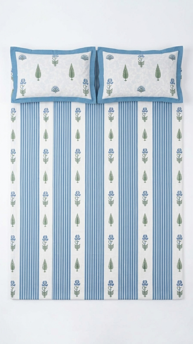 Blue Stripe Block Print Cotton Bedsheet Set
