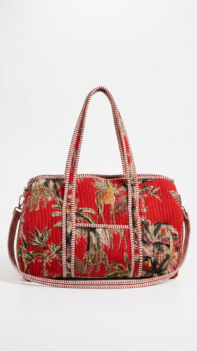 Red Safari Jungle Print Quilted Duffle Bag