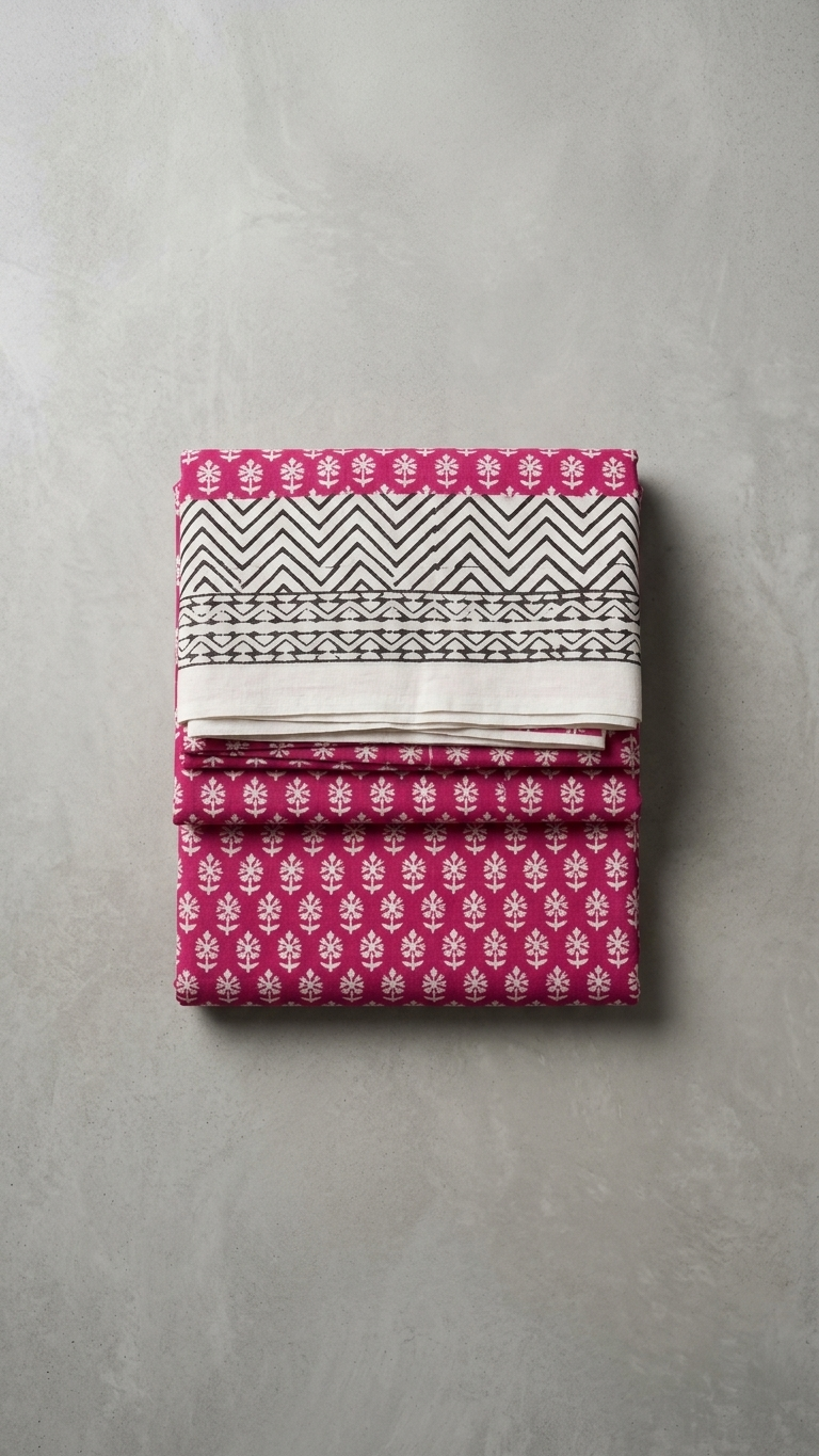 Hand Block Print Cotton Saree in Rose Pink