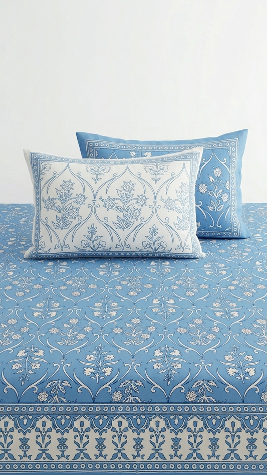 Blue & White Jaal Block Print Cotton Bedsheet Set