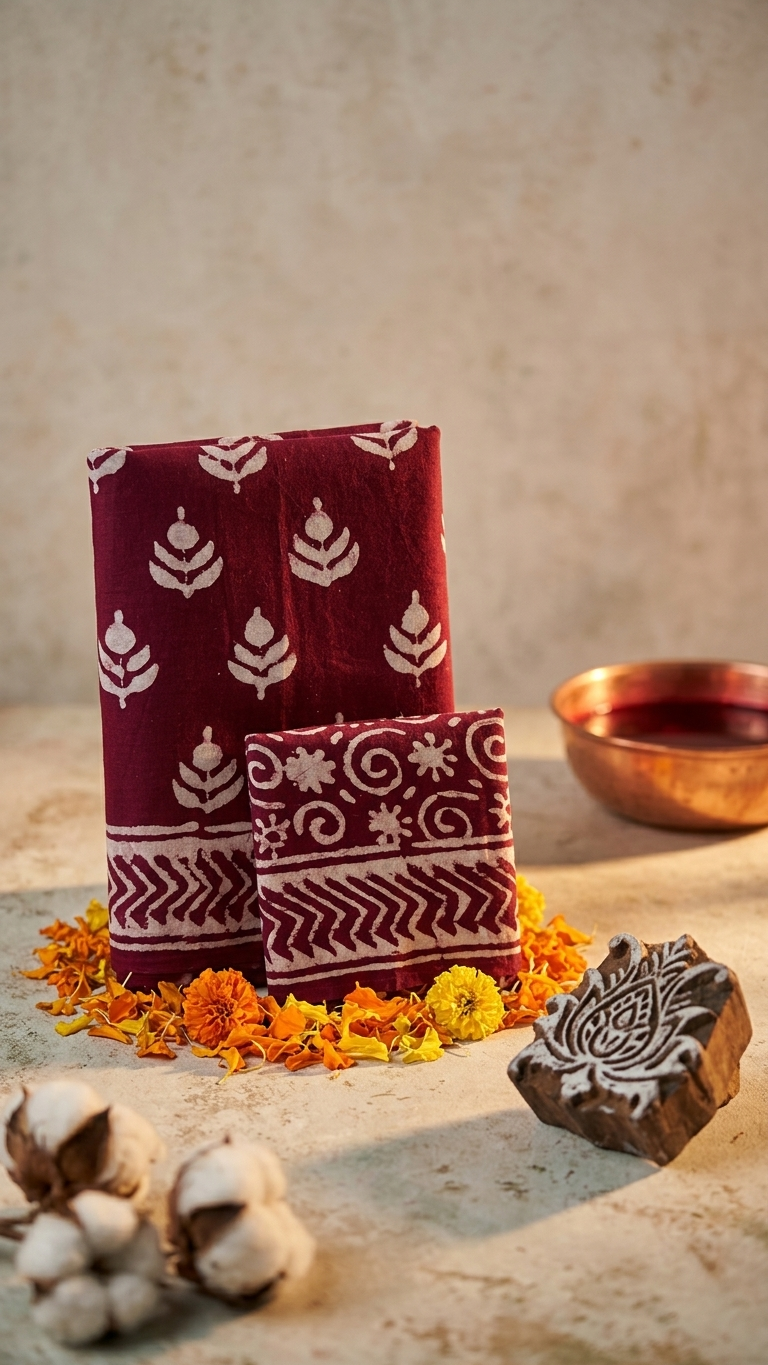Magenta Handblock Printed Cotton Saree with White Motifs