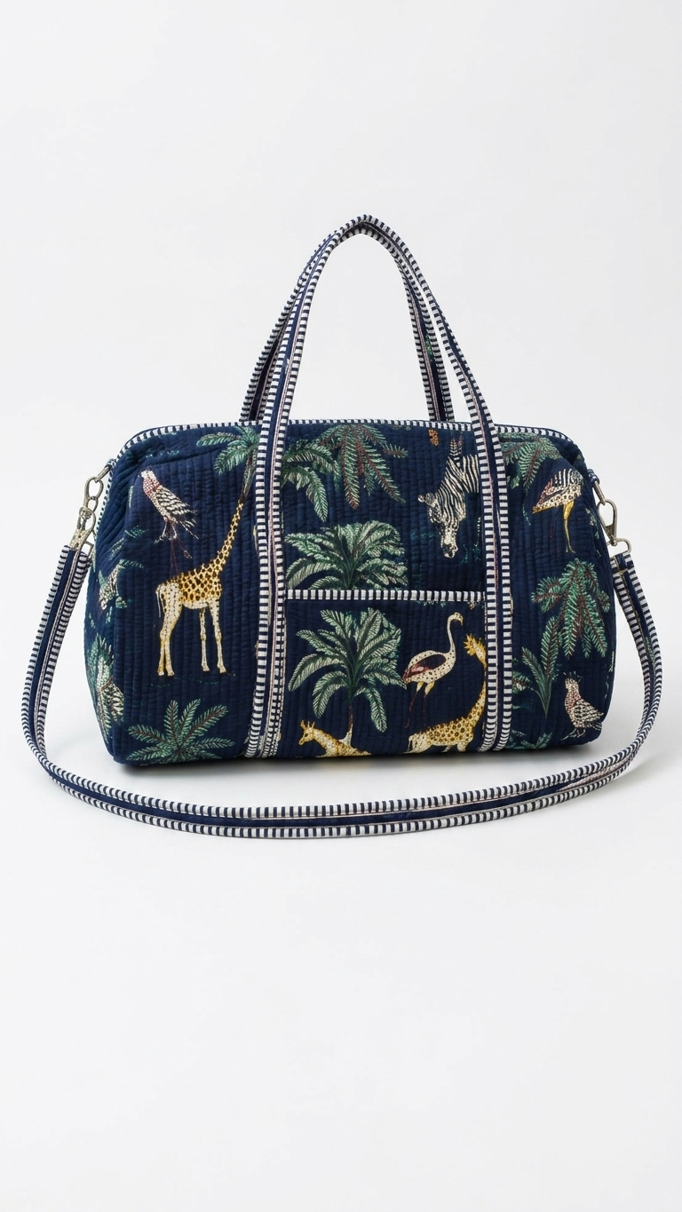 Navy Blue Safari Jungle Quilted Duffle Bag