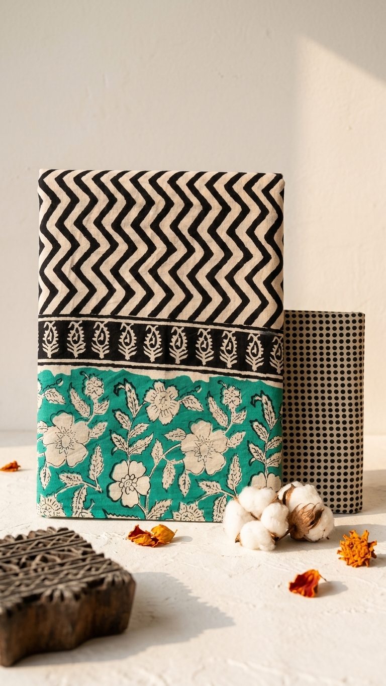 Teal Floral Handblock Printed Cotton Saree with Chevron Border