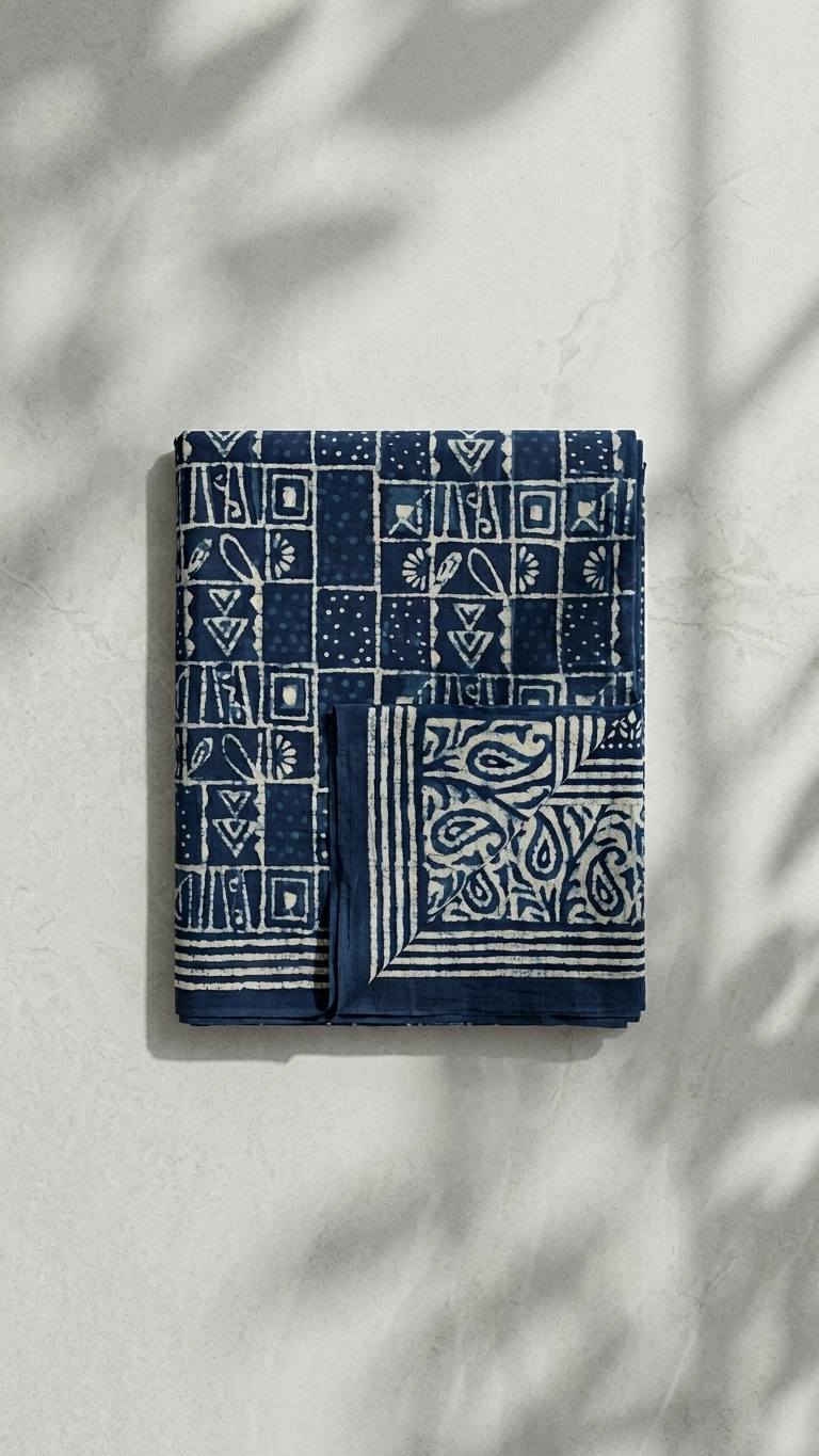 Midnight Indigo Handblock Print Mul Cotton Saree