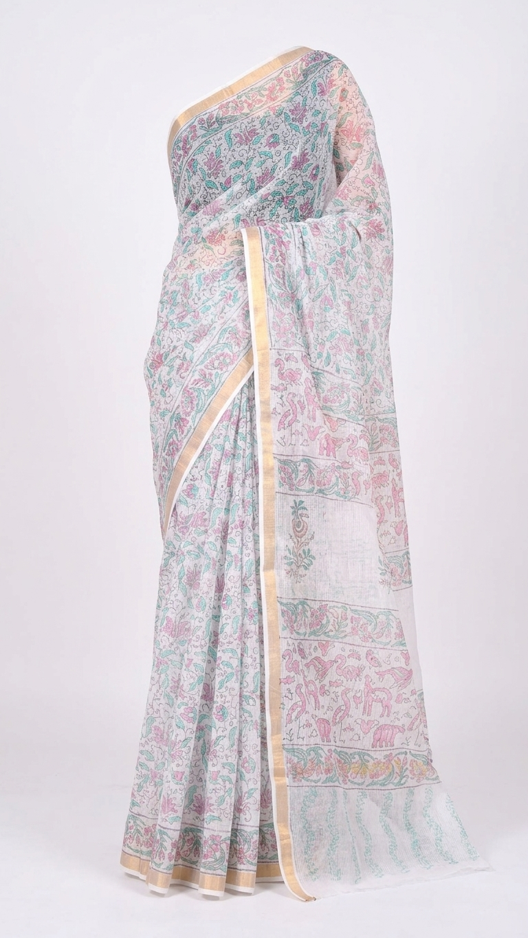 White Kota Saree with Multicolour Floral Block Print & Gold Zari Border