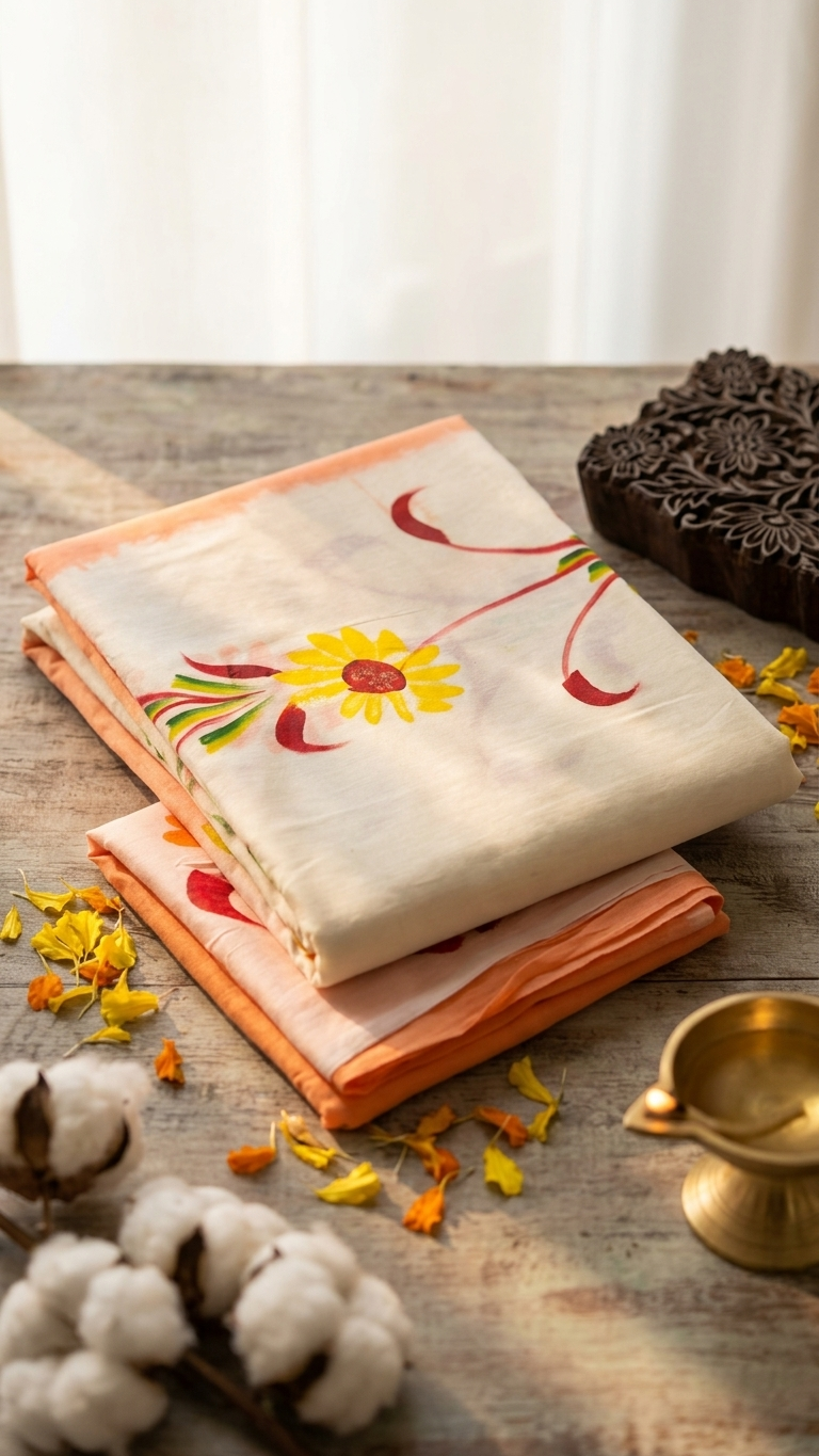 Ivory Floral Printed Cotton Saree with Peach Border