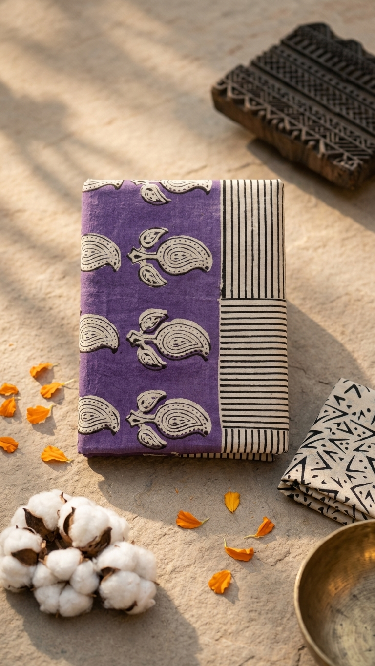 Purple Handblock Printed Cotton Saree with Black & White Striped Pallu
