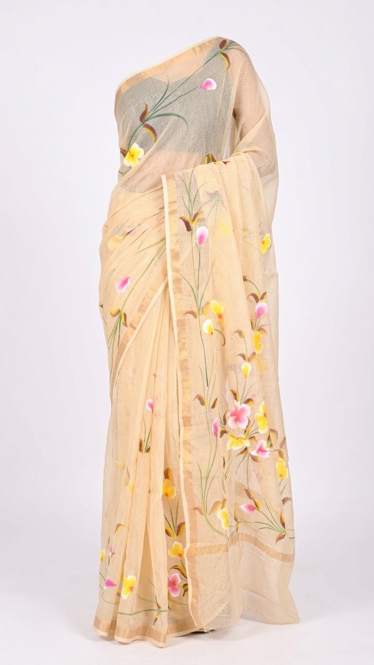 Butter Yellow Kota Saree with Hand-Painted Floral Motifs