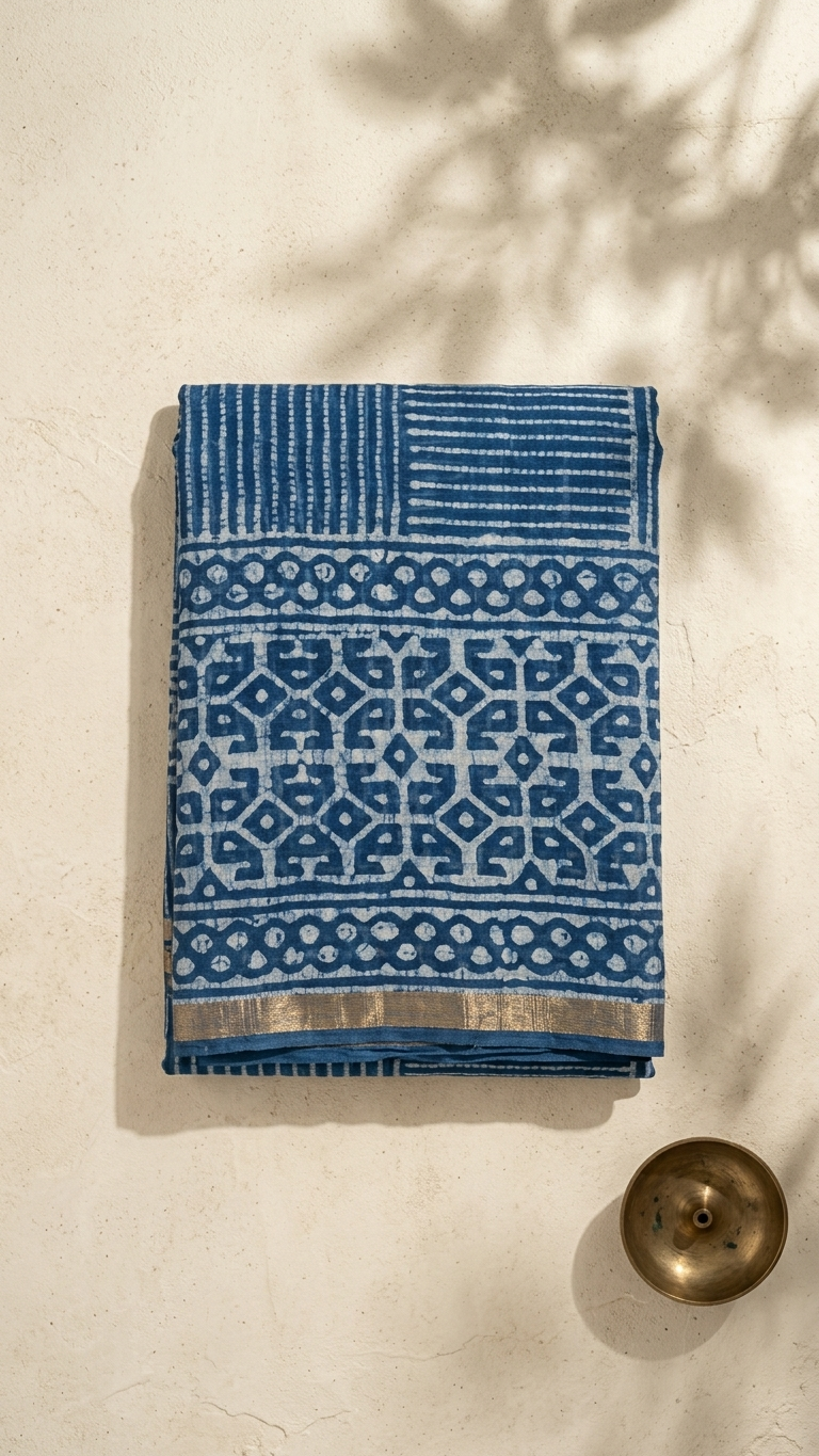 Indigo Hand Block Print Kota Doria Saree – Patchwork Geometric & Stripe Pattern