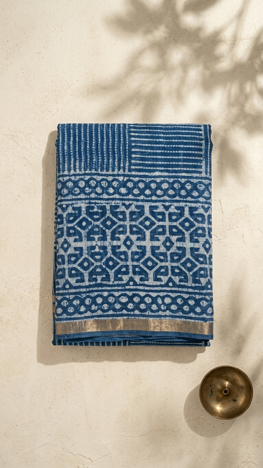 Indigo Hand Block Print Kota Doria Saree – Patchwork Geometric & Stripe Pattern