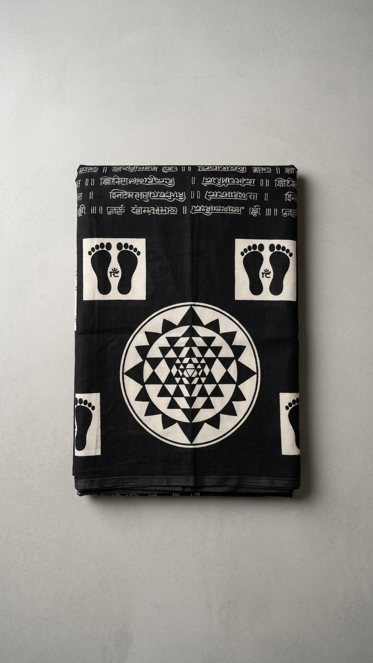 Sacred Script Hand Block Printed Black & Ivory Cotton Saree | Shri Yantra & Charan Paduka Motif