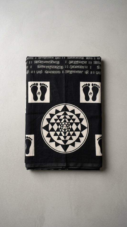 Sacred Script Hand Block Printed Black & Ivory Cotton Saree | Shri Yantra & Charan Paduka Motif
