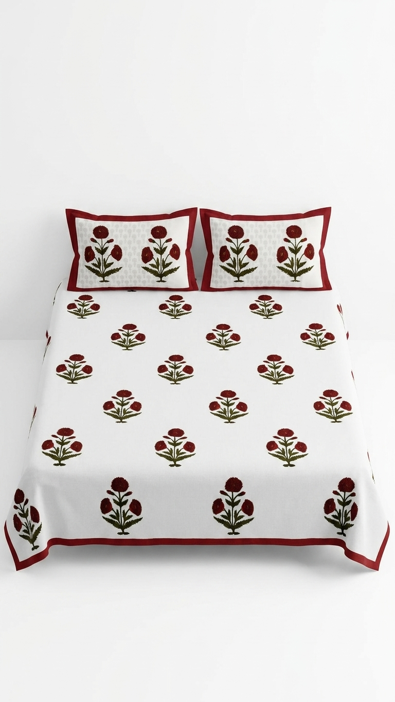 Red Marigold Block Print Cotton Bedsheet Set