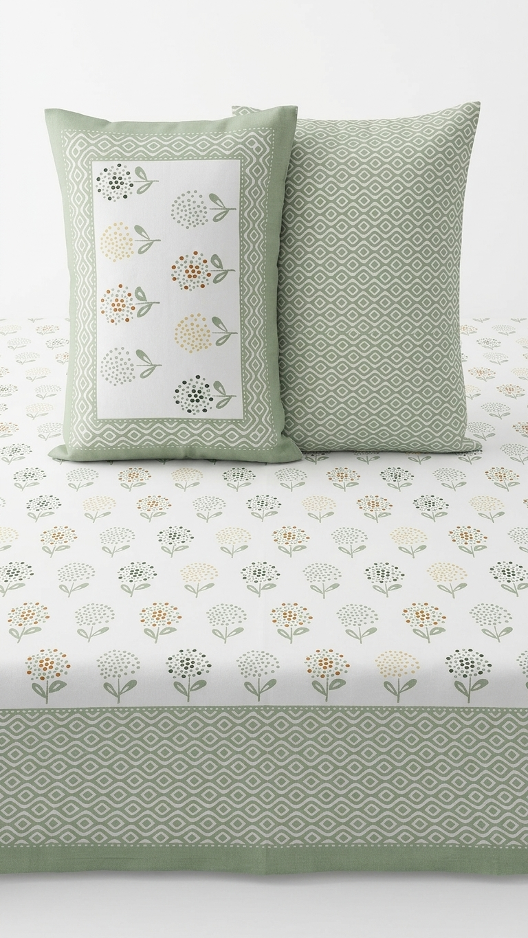 Sage Green Dotted Floral Block Print Cotton Bedsheet Set