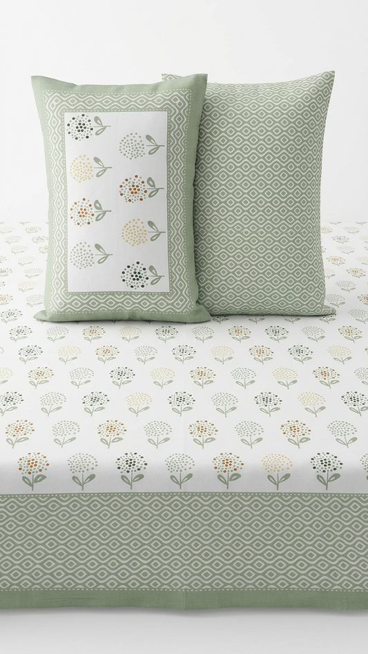 Sage Green Dotted Floral Block Print Cotton Bedsheet Set