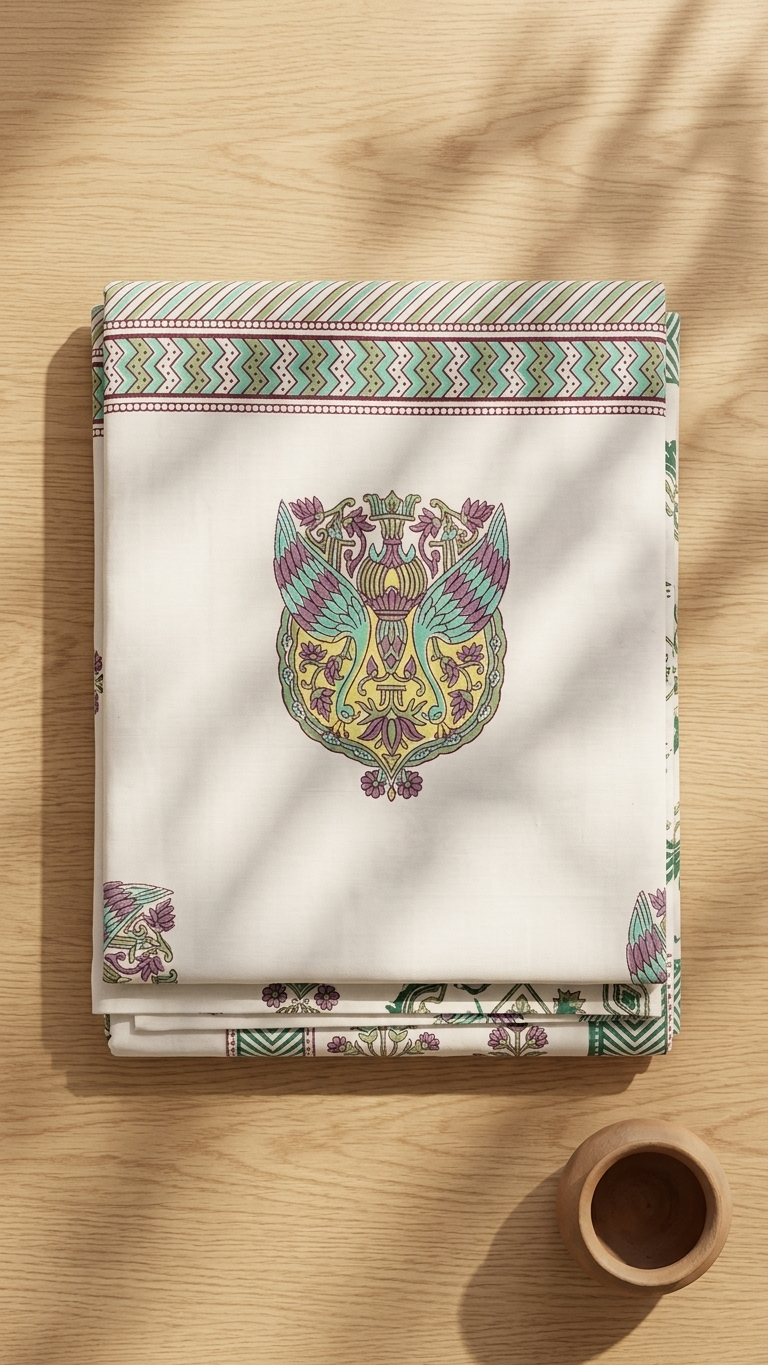 Ivory Aqua & Mauve Peacock Motif Cotton Bedsheet Set