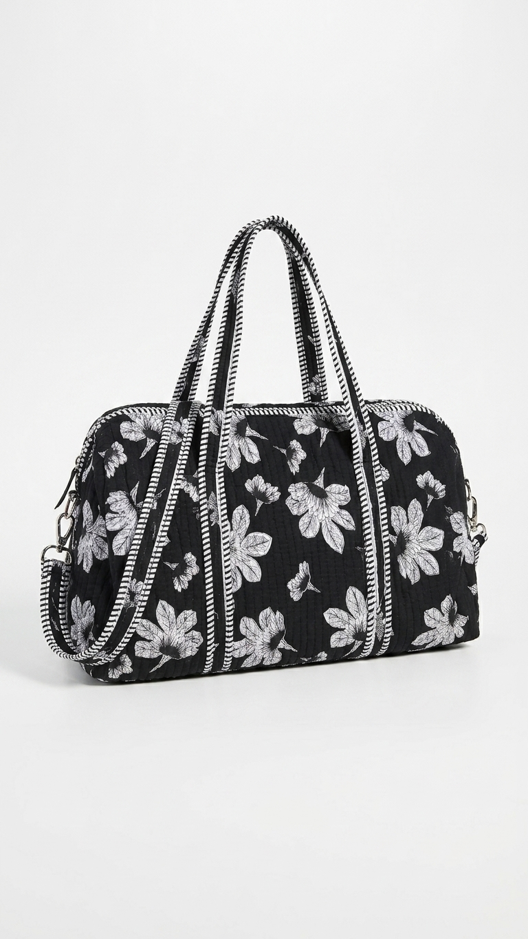 Black & White Floral Block Print Quilted Duffle Bag