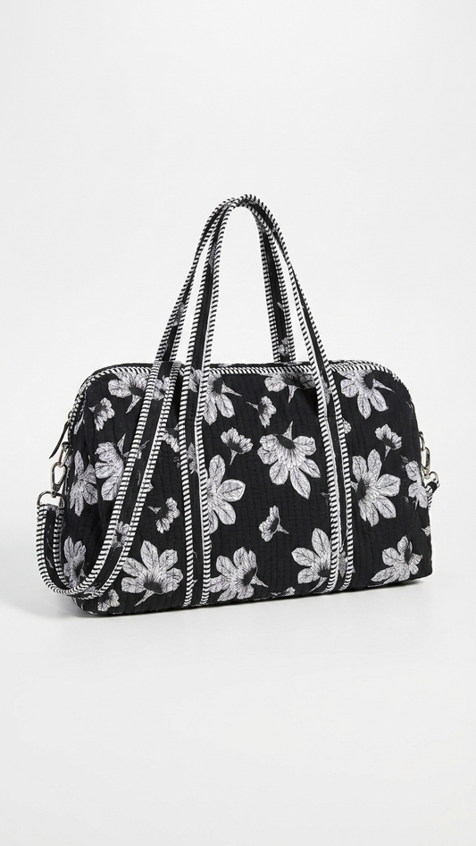 Black & White Floral Block Print Quilted Duffle Bag