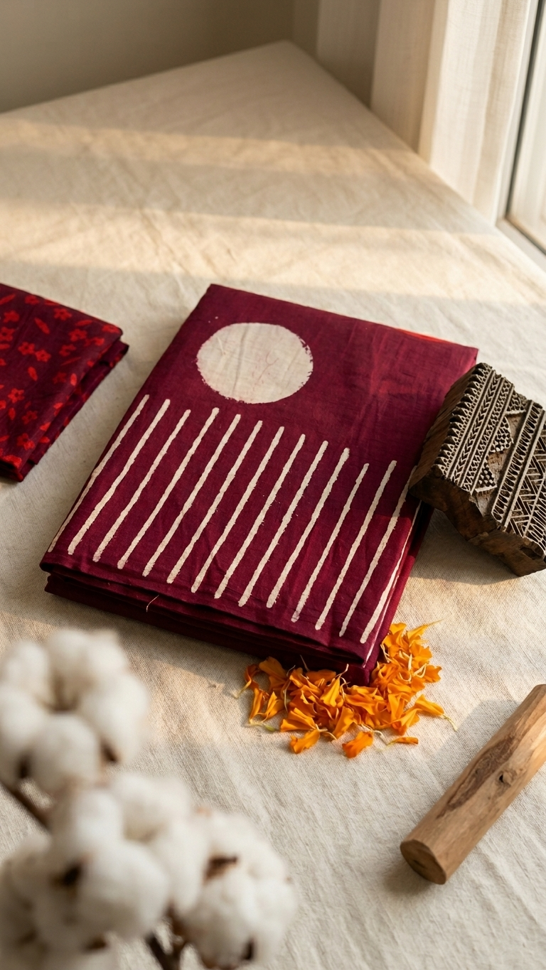 Magenta Handblock Printed Cotton Saree with Abstract Stripe Pallu