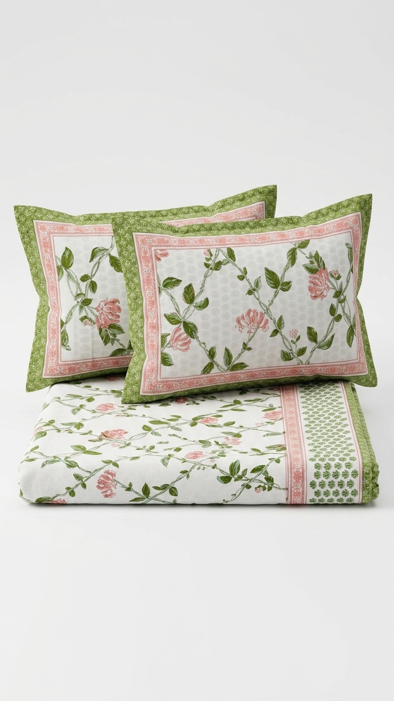 Pink Rose & Green Vine Block Print Cotton Bedsheet Set