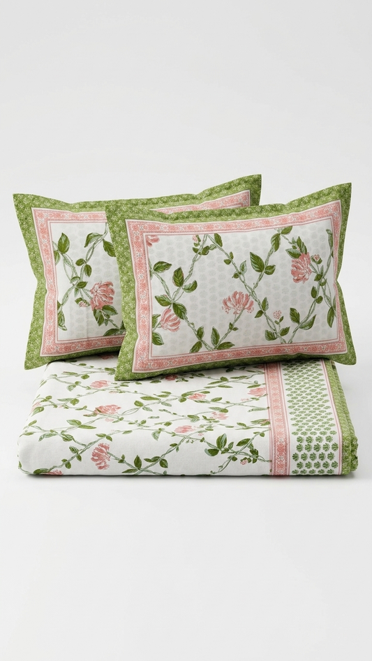 Pink Rose & Green Vine Block Print Cotton Bedsheet Set
