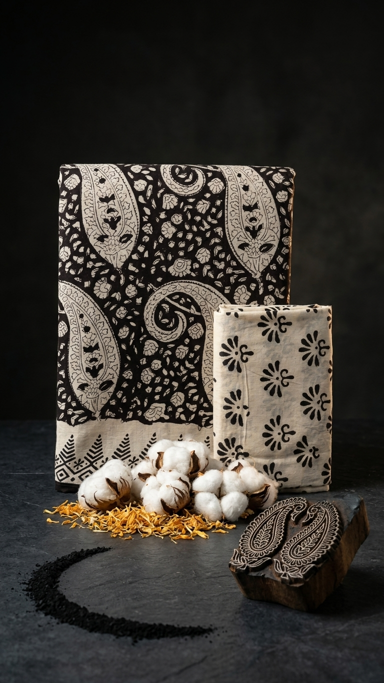 Black Paisley Handblock Printed Cotton Saree with Ivory Border
