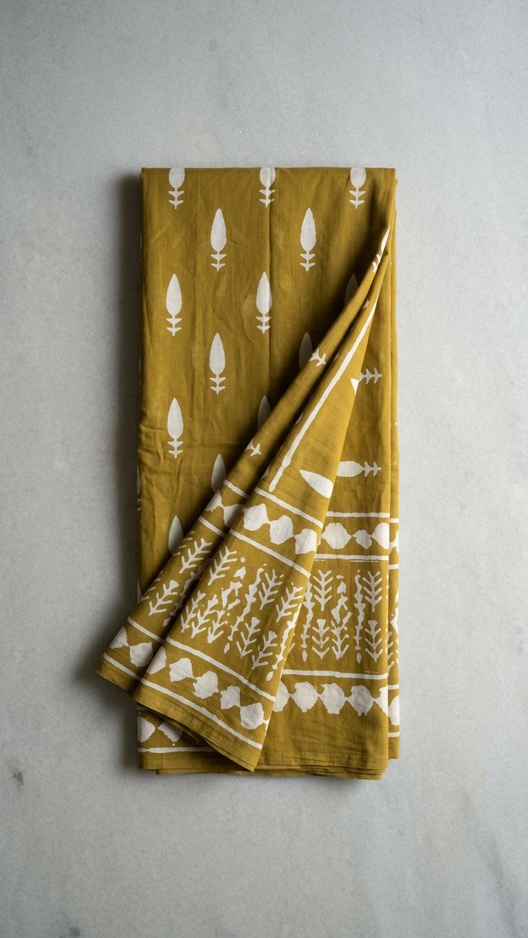 Bagru Hand Block Print Cotton Saree in Olive Green
