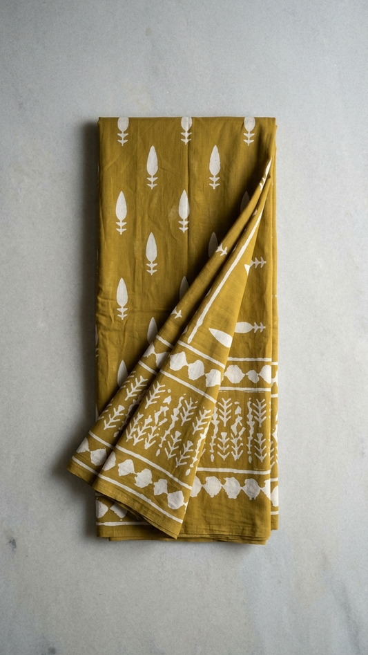 Bagru Hand Block Print Cotton Saree in Olive Green