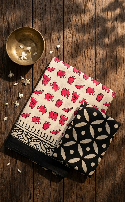 Ivory & Pink Elephant Print Cotton Saree with Black Contrast Border