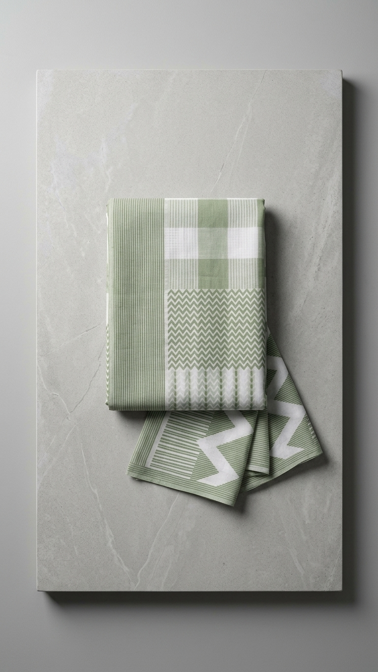 Sage Green & White Hand Block Printed Cotton Saree | Shibori Chevron & Geometric Stripe Print
