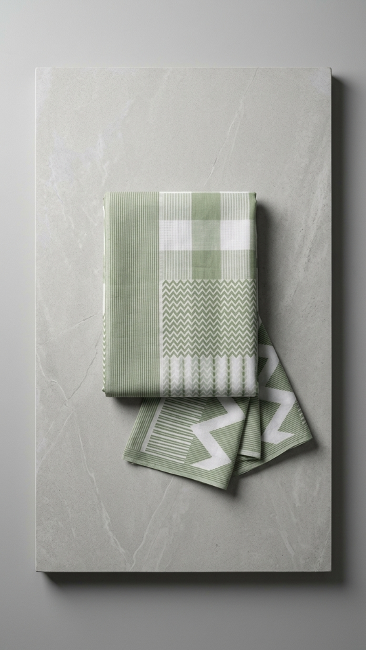 Sage Green & White Hand Block Printed Cotton Saree | Shibori Chevron & Geometric Stripe Print