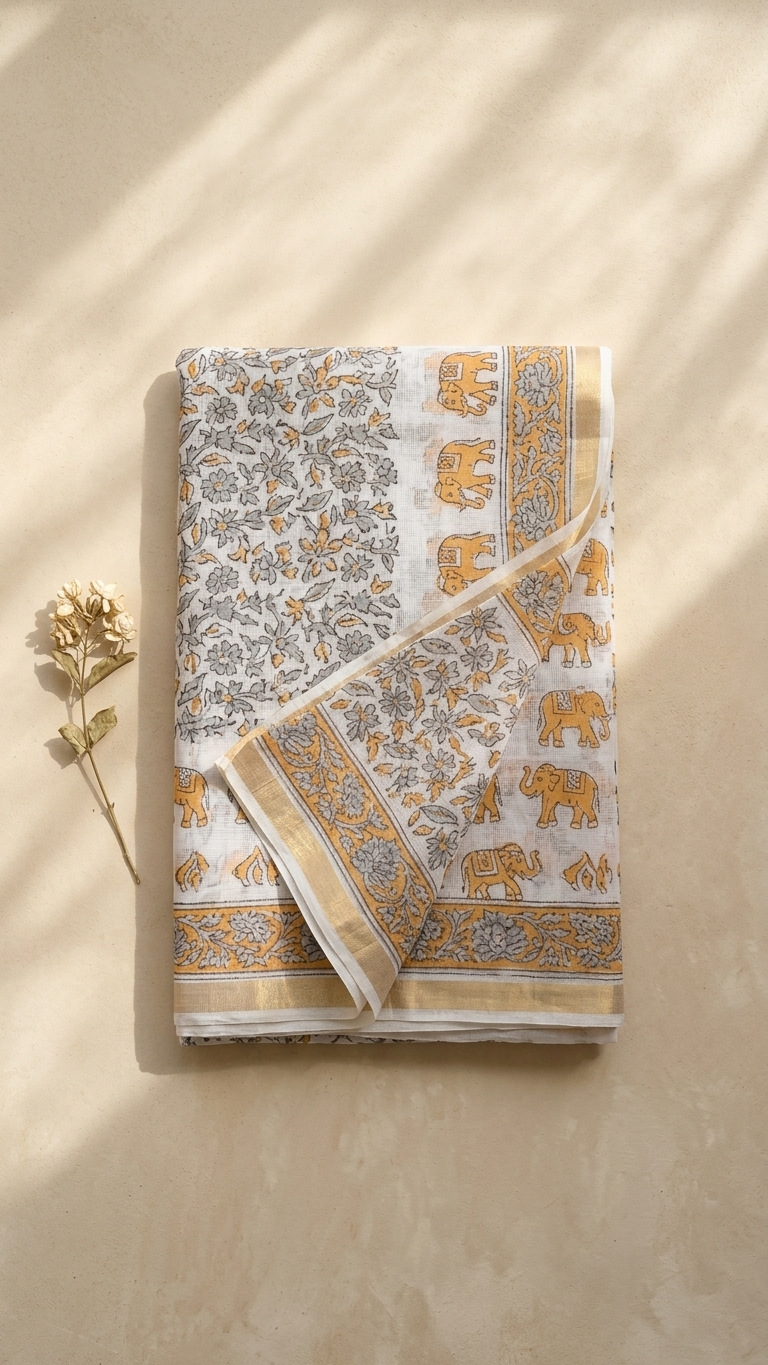 Hand Block Print Kota Doria Saree in White – Elephant Procession & Wildlife Motifs in Saffron & Grey