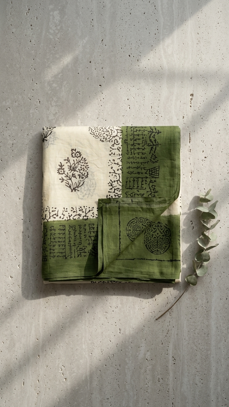 Olive Green & Off White Printed Cotton Saree for Women