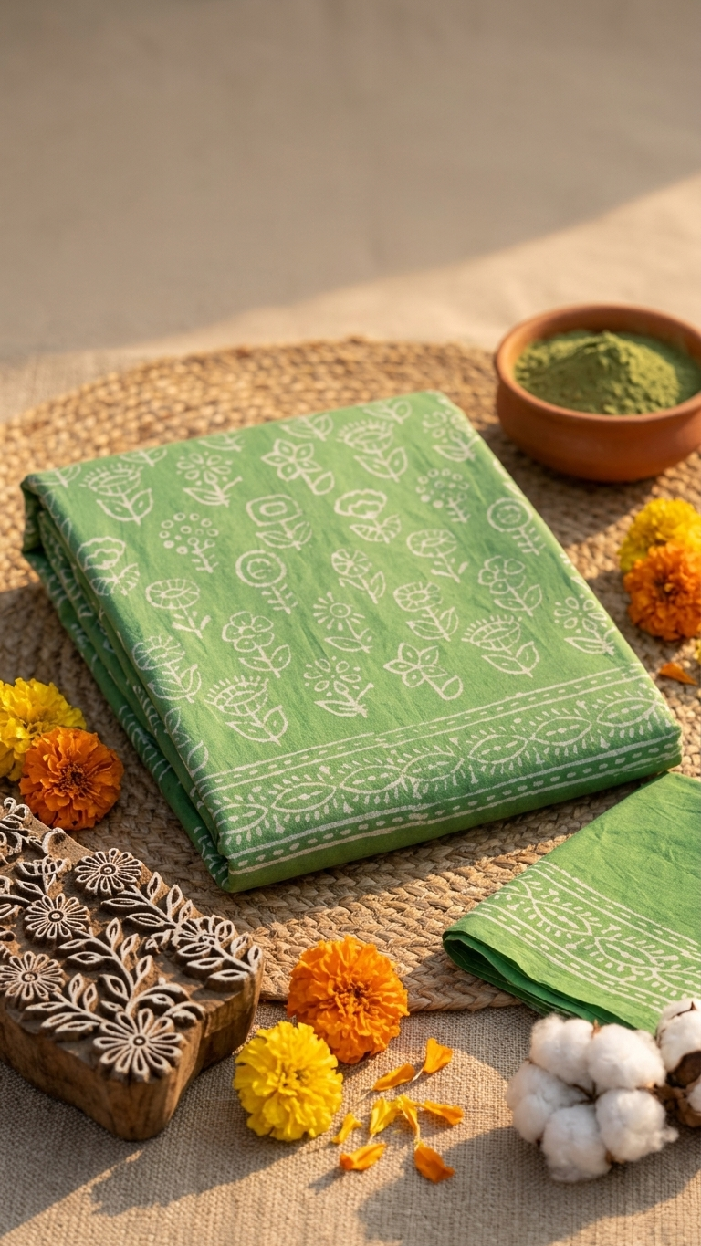 Pastel Green Handblock Printed Cotton Saree with White Floral Motifs
