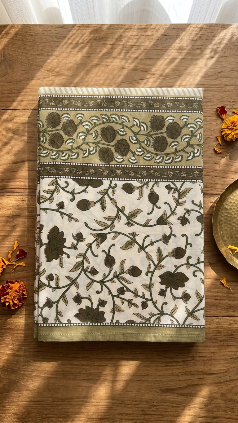 Ivory & Olive Floral Vine Print Cotton Bedsheet Set