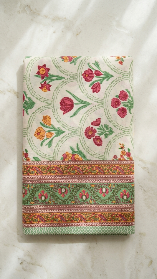 Ivory Multicolour Floral Print Cotton Bedsheet Set