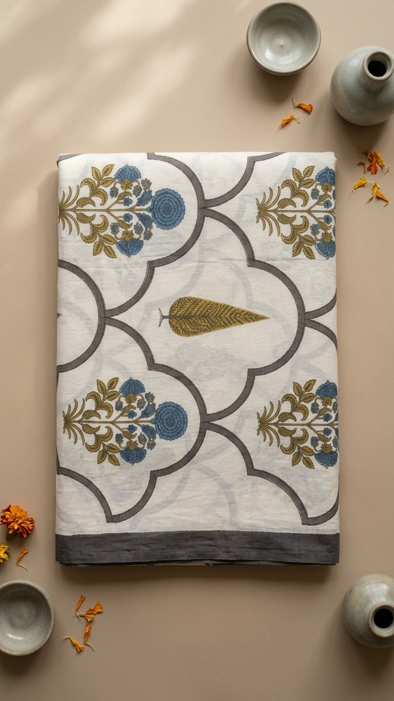 Ivory Blue & Mustard Floral Trellis Print Cotton Bedsheet Set