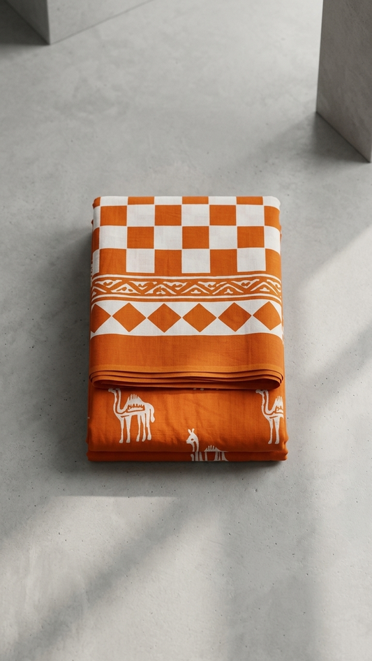 Hand Block Print Cotton Saree in Tangerine Orange – Camel & Folk Motifs with Diamond Checker Pallu