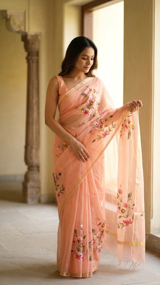 Peach Kota Saree with Hand-Painted Floral Motifs & Gold Zari Border