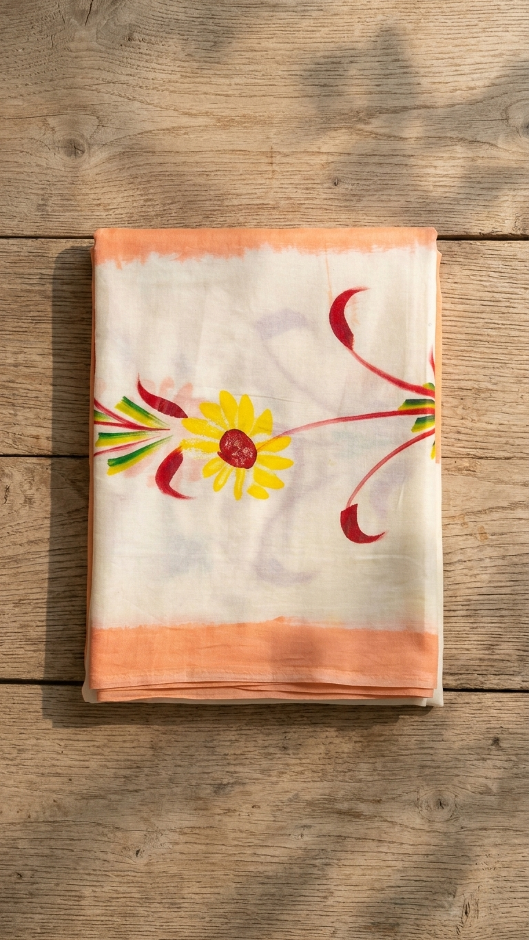 Ivory Floral Printed Cotton Saree with Peach Border