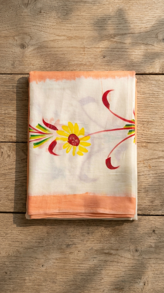 Ivory Floral Printed Cotton Saree with Peach Border