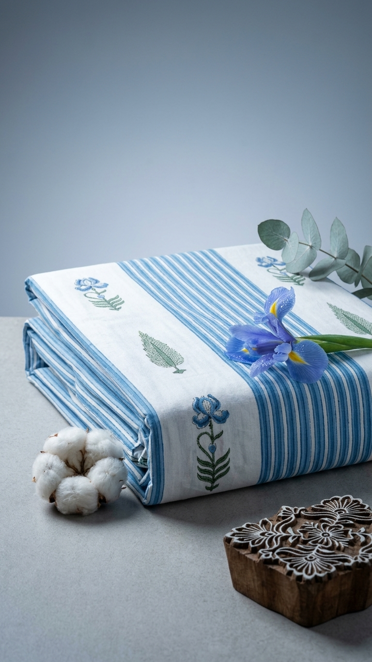 Blue Stripe Block Print Cotton Bedsheet Set