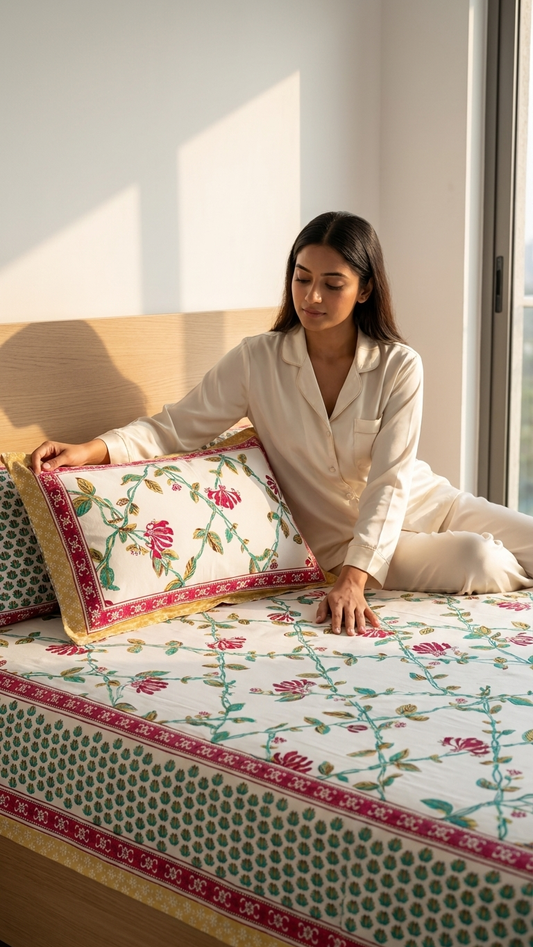 Red & Teal Floral Vine Block Print Cotton Bedsheet Set